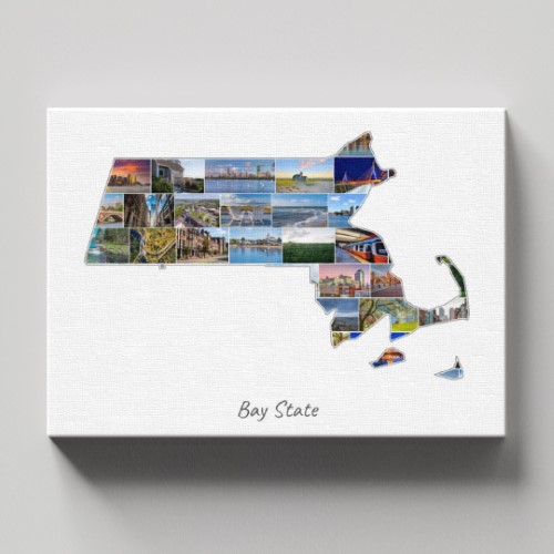 A Massachusetts-Collage on canvas with wooden frame