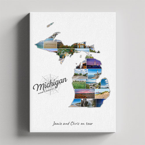 A Michigan-Collage on canvas with wooden frame