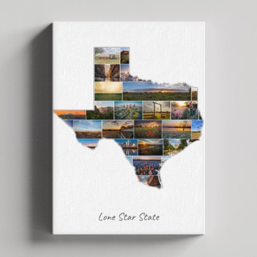 A Texas-Collage on canvas with wooden frame